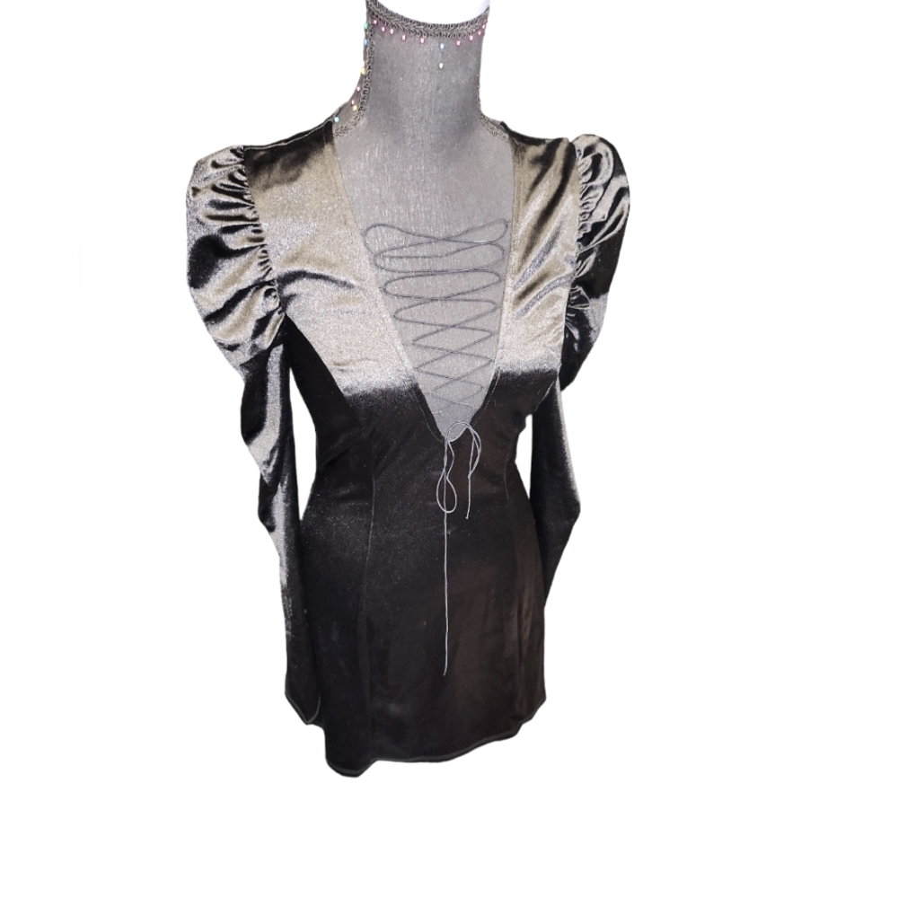 Sexy Stylish Black Satin Mini Dress Long Sleeve